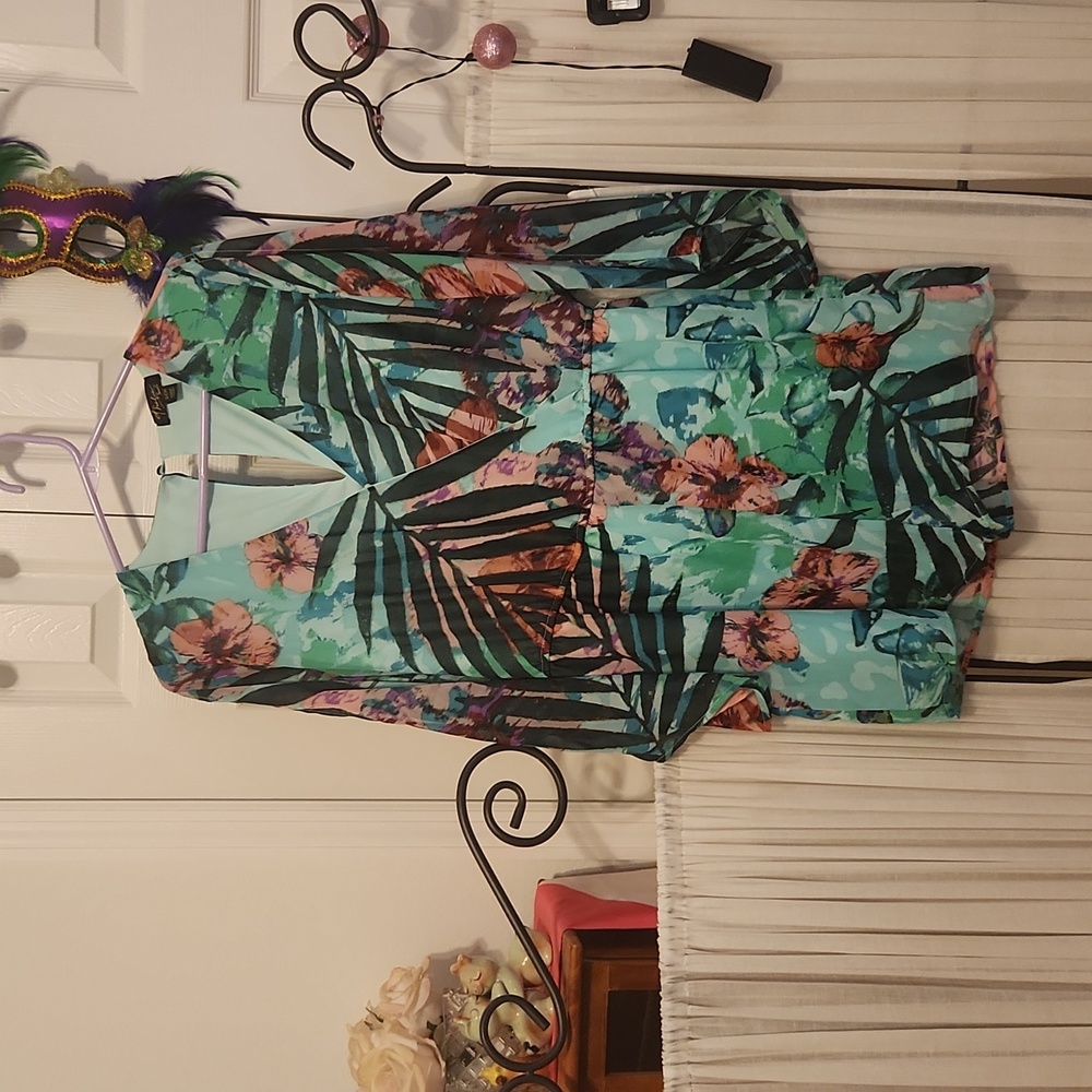 Thalia Sodi Floral Tropical Print Romper in Aqua & Green